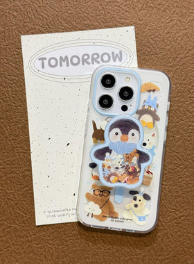 冬日围巾企鹅摇摇乐支架适用苹果16手机壳iPhone15promax新款13华为mate70荣耀200小米15可爱动物vivoppo软壳
