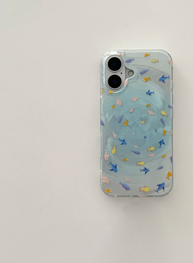 ins梦幻高级蓝色金鱼适用苹果16手机壳iPhone15promax新款13韩系14pro超火16promax小众13pro女15旋涡14全包