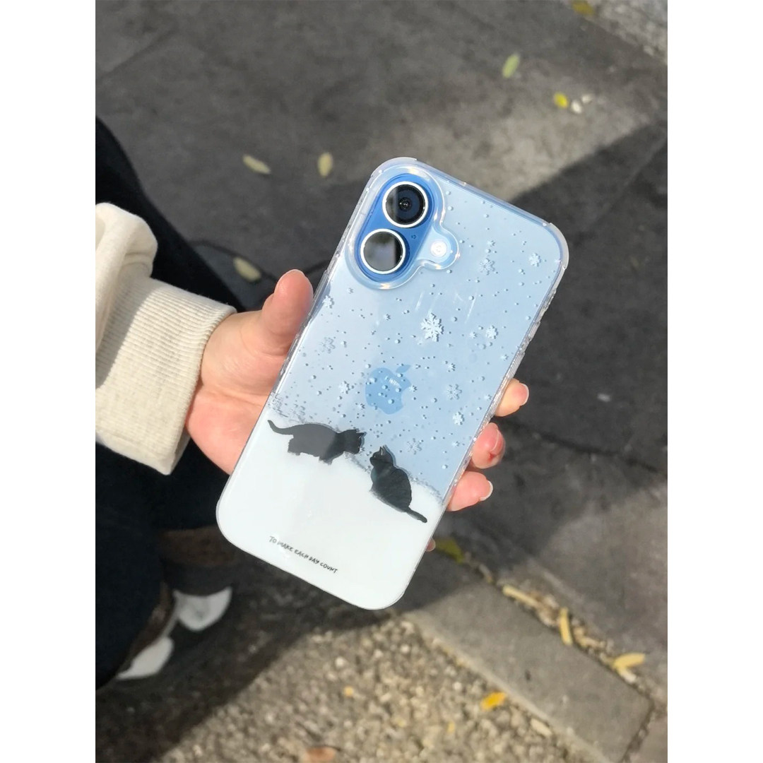 冬日漫天雪花小黑猫适用iPhone17/16promax手机壳小米17华为pura80卡通mate70女OPPOFindX9透明VIVOX300软壳