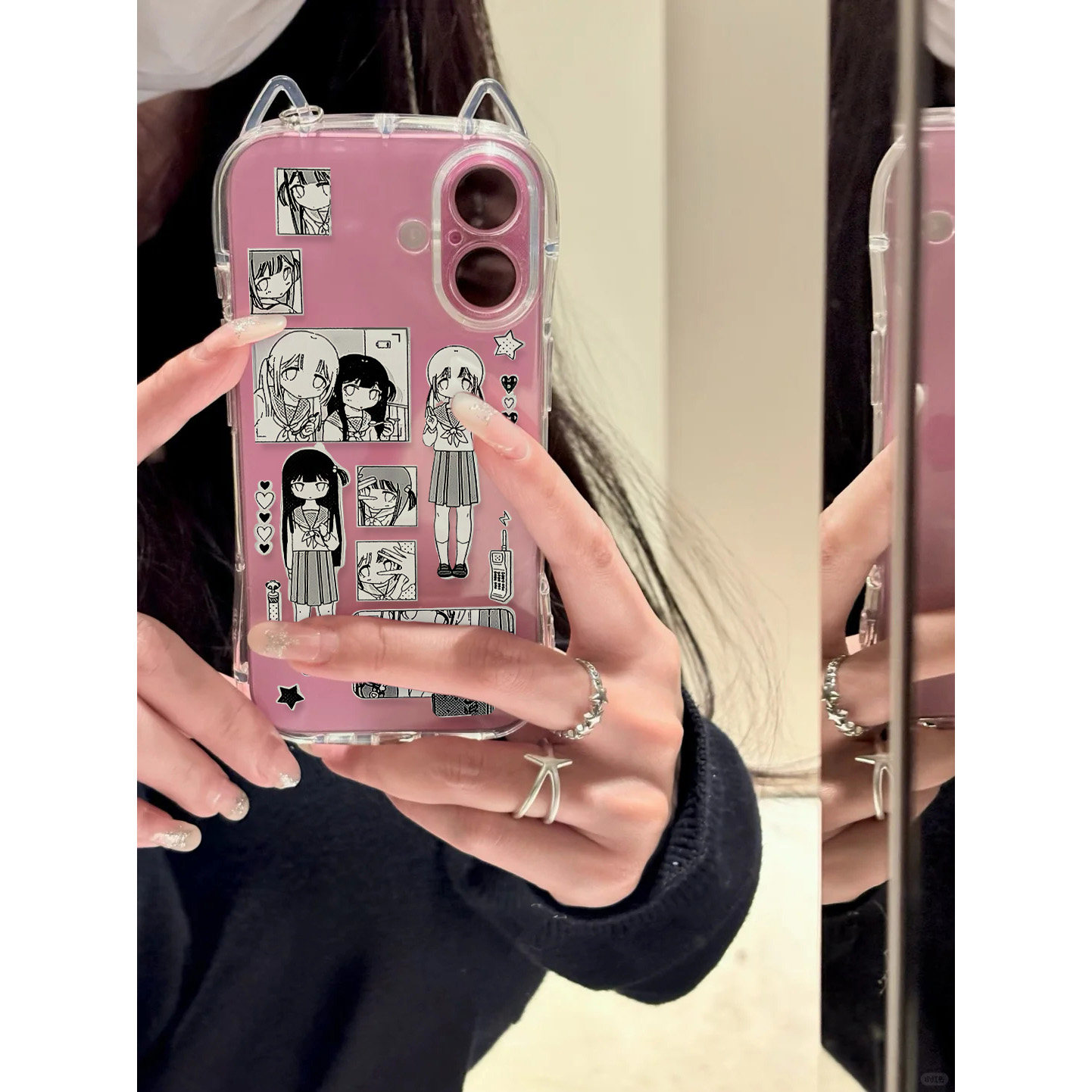漫画插图小蛮腰立体猫耳朵适用苹果16promax手机壳iphone14pro新款13少女12可爱11保护套15promax全包透明壳