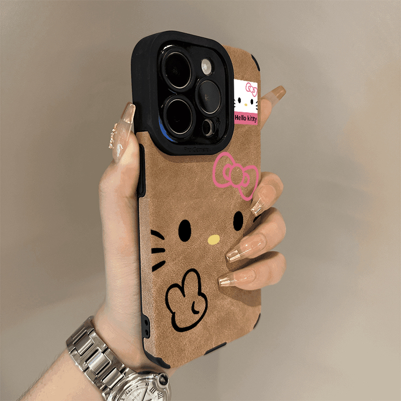 皮纹比耶HelloKitty猫适用苹果16promax手机壳iphone14女款15pro新款13皮质秋冬卡通12全包软壳pro防摔少女心