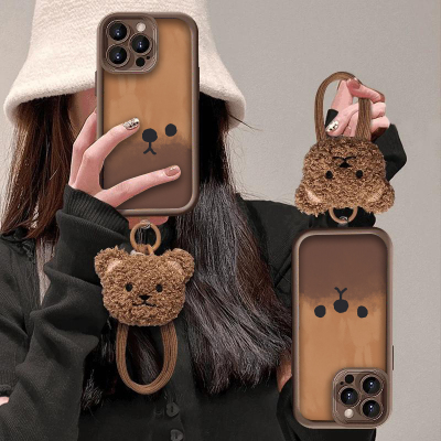 适用苹果16手机壳14promax秋冬新女款iPhone15plus小熊公仔挂绳13咖色12磨砂11pro蜡笔小熊7p美拉德xs硅胶xr