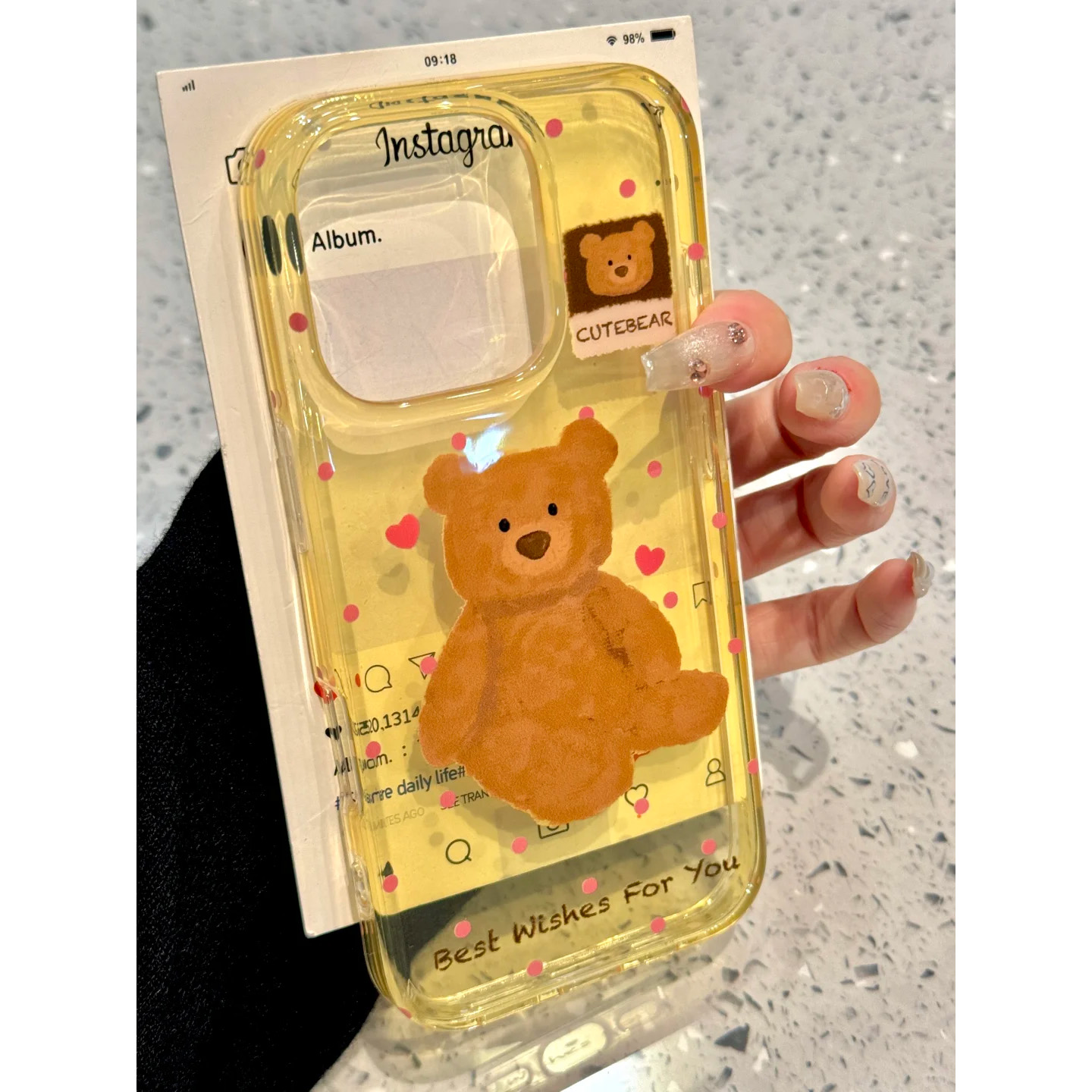 ins高级感透黄底红爱心小熊适用苹果16promax新款14pro手机壳iPhone13promax个性创意iPhone16全包软壳15PLUS