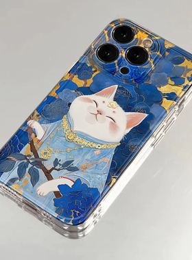 招财猫手机壳苹果16pro华为pura70油画iPhone15Promax小米14蓝色vivo国风OPPO中国风13新中式12发财x暴富适用