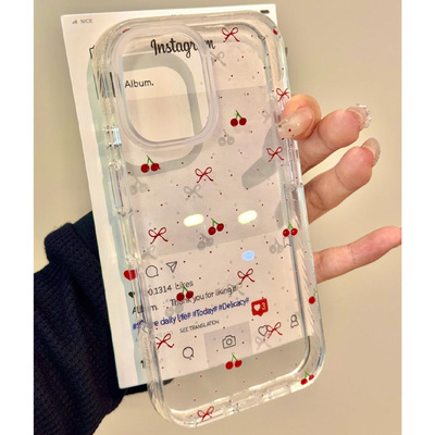 ins日韩蝴蝶结樱桃适用iphone16promax手机壳苹果13趣味14pm华为pura70vivox200小米15防摔oppo软套红米k80女