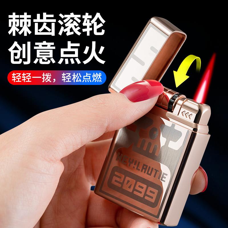 晨龙2102新款防风气体感应红焰打火机创意滚轮点火直冲高压