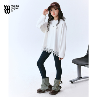 女童秋冬打底衫2025新款中大童洋气时髦蕾丝花边拼接加绒长袖T恤