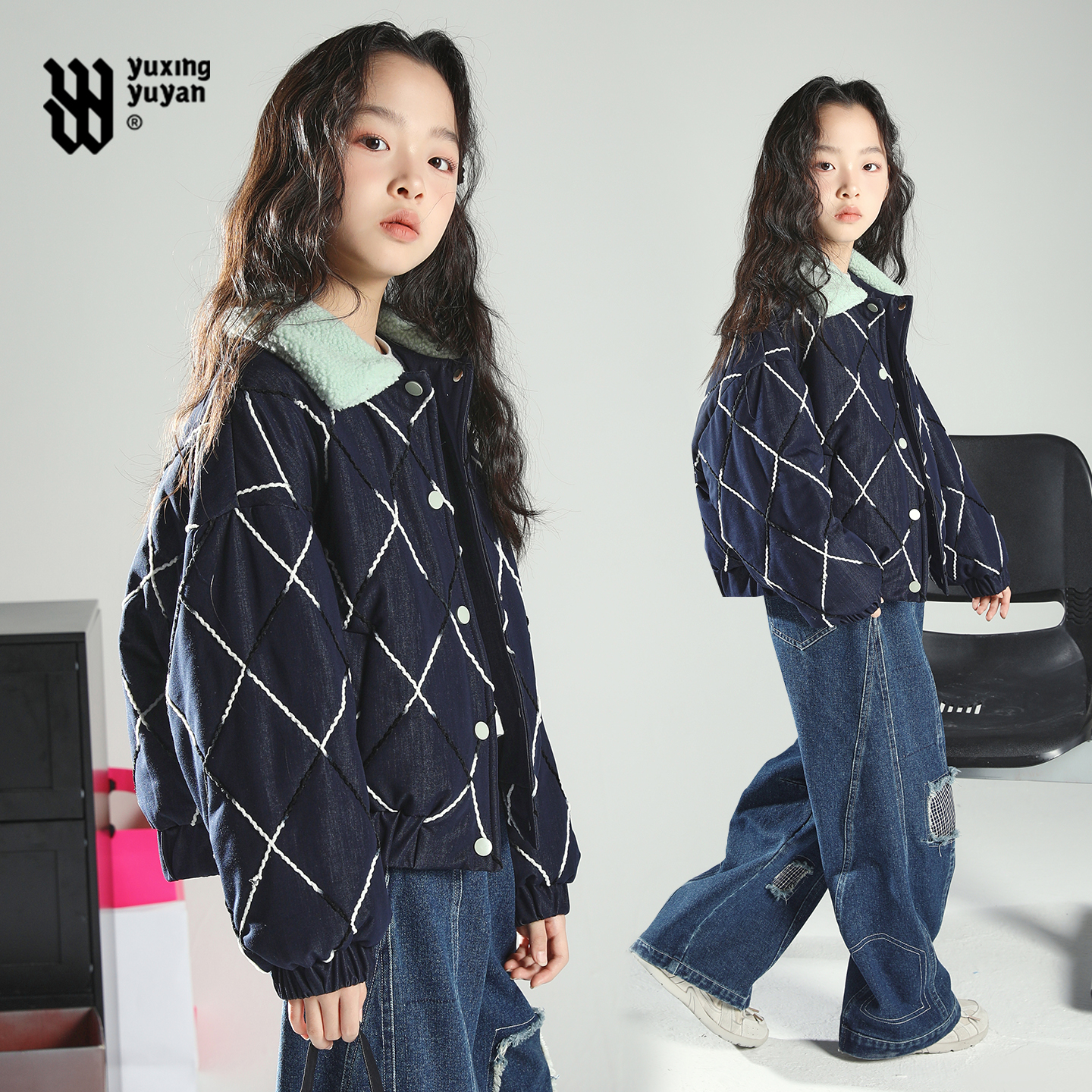 女童夹棉外套2025秋冬新款中大童洋气拼接宽松休闲轻薄款冬装上衣