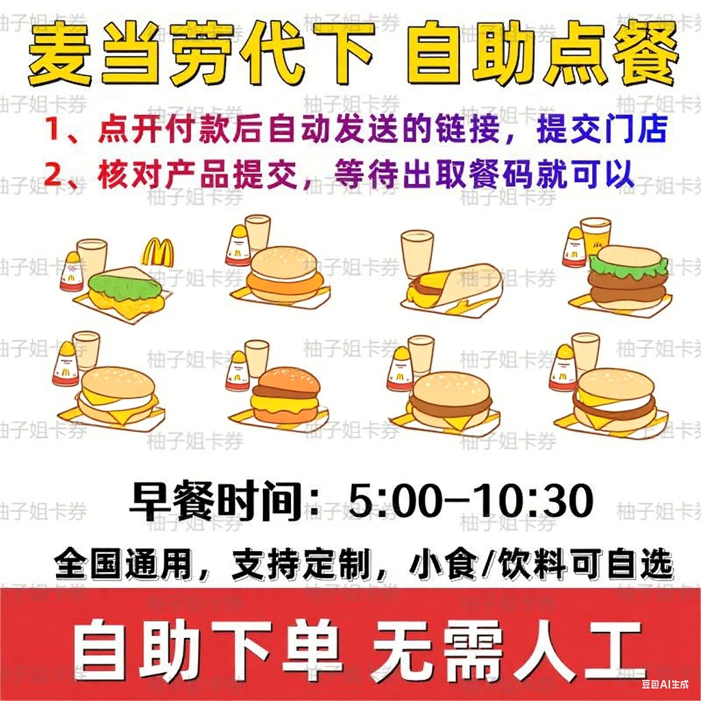 麦当劳代下单早餐优惠券板烧鸡腿吉士猪柳火腿薯饼咖啡豆麦满分