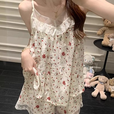 带胸垫睡衣女甜美KT猫蕾丝边吊带背心短裤夏季性感薄款家居服套装