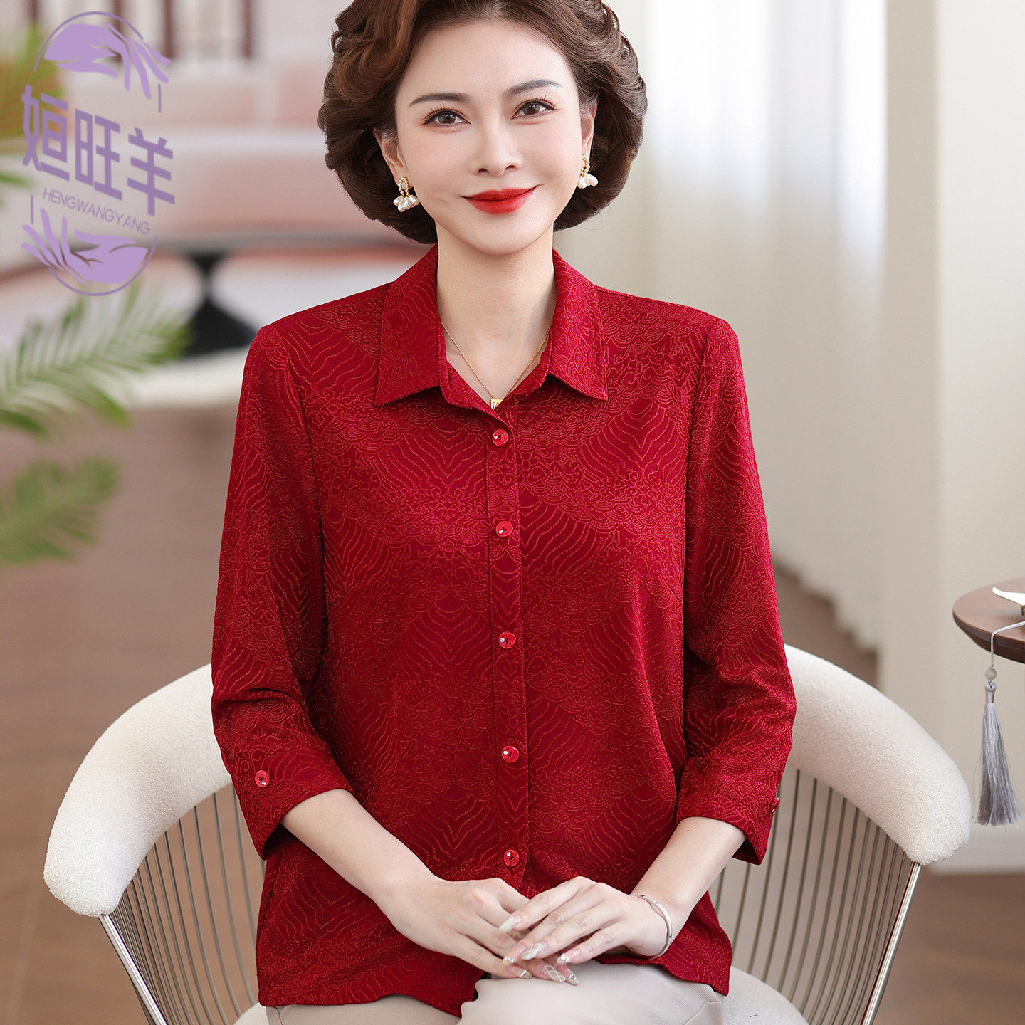 时尚妈妈装春夏红色翻领弹力衬衫中老年女春季新款七分袖洋气上衣