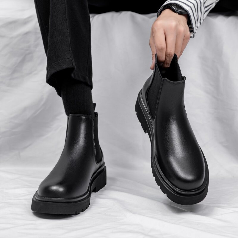 ONE-FOOT CHELSEA BOOTS MENS AUTUMN MID-TOP RETRO HEIGHTENED CHIMNEY BOOTS KOREAN VERSION OF THICK-SOLED MARTIN BOOTS LOW-TOP BOOTS