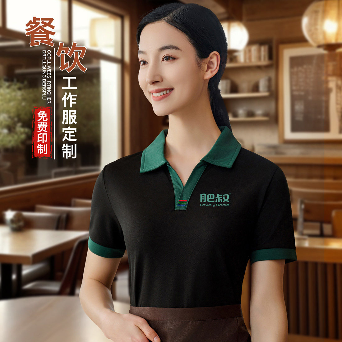 餐饮V领工作服T恤夏季早餐面 面馆流动酒席一条龙服务员短袖饭店