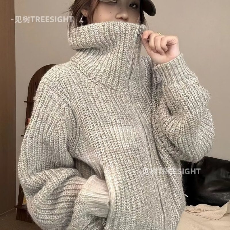 韩系复古拉链高领毛衣女秋冬慵懒高级感宽松粗线厚款针织开衫外套