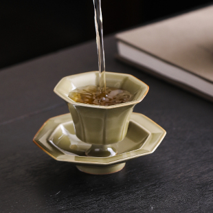 陶瓷品茗杯带杯垫八角茶盏带托宋风复刻古器主人杯茶托闻香杯茶杯