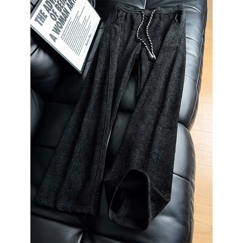 黑色满天星斜切裤子男秋冬款加绒加厚人字纹休闲裤高级感直筒卫裤,男装,休闲裤,淘宝优惠券,粉丝福利购,淘宝优惠卷