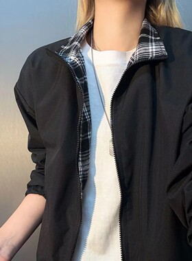 黑色格子拼接夹克男款春季美式cleanfit情侣外套痞帅高级感棒球服