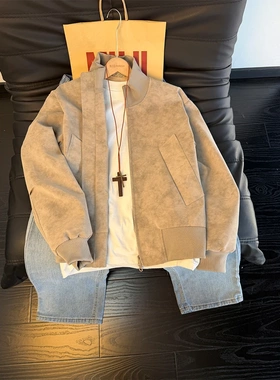 水洗扎染一体绒外套棉服男秋冬季加绒美式复古夹克立领机车皮衣潮