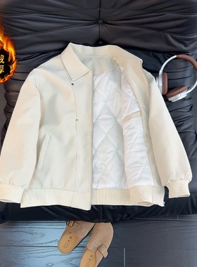 米白色PU皮铆钉夹棉皮衣外套男秋冬季机车夹克棉服加厚翻领棒球服