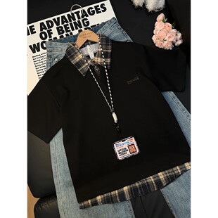 美式假两件短袖t恤男款夏季格子拼接衬衫领半袖五分袖Polo衫上衣