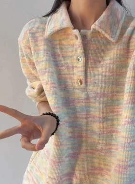 美式慵懒风彩点polo领卫衣男宽松百搭套头毛衣秋冬加绒加厚针织衫