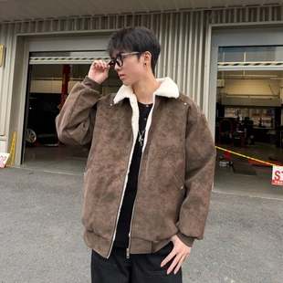 【王零五】秋冬新款美式复古羊羔毛PU皮棉衣冬季加厚保暖棉服外套