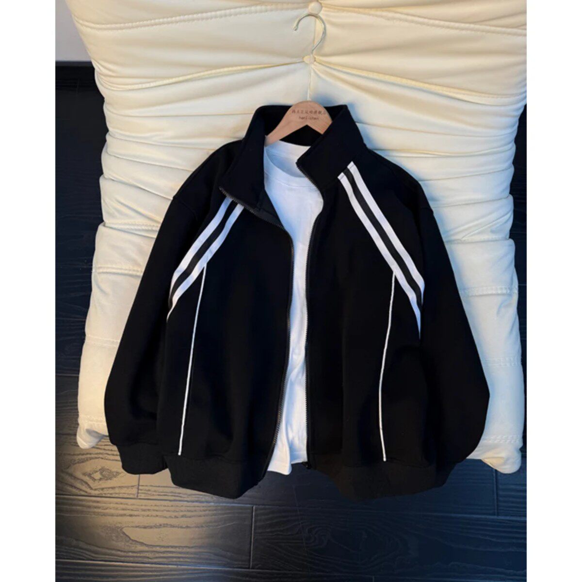 美式双杠条纹重磅卫衣男女款春秋潮牌开衫外套宽松立领情侣棒球服