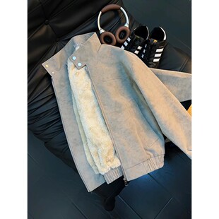 美式复古扎染PU皮衣夹克棉服男款冬季加绒加厚短款半高领棉衣外套