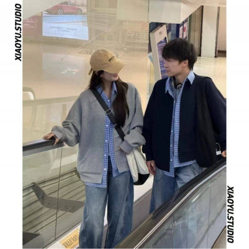 春季假两件男女情侣拼接格子卫衣