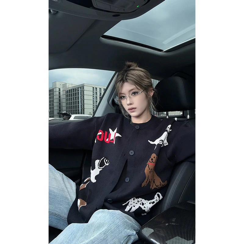 复古趣味小狗毛衣开衫男女秋季外