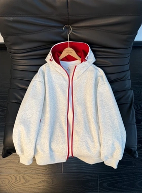 美式复古撞色拉链开衫卫衣男春季设计感宽松cleanfit情侣连帽外套
