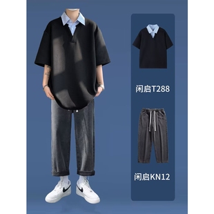 ins潮牌宽松情侣休闲百搭T恤 男夏季 闲启T288假两件拼接POLO衫 短袖