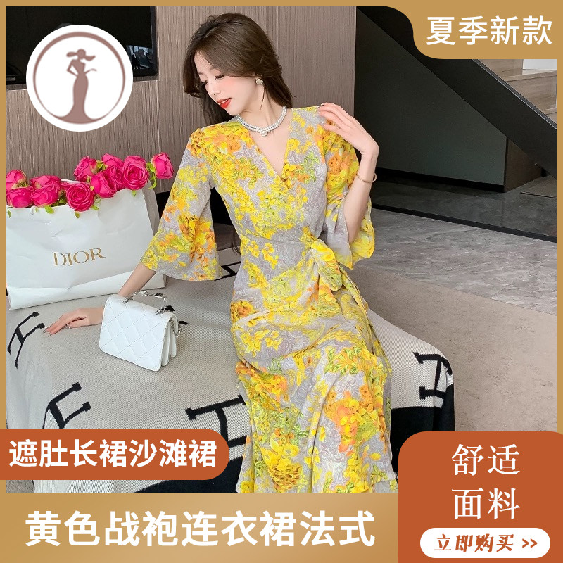 网红抖音同款黄色战袍连衣裙法式连衣裙