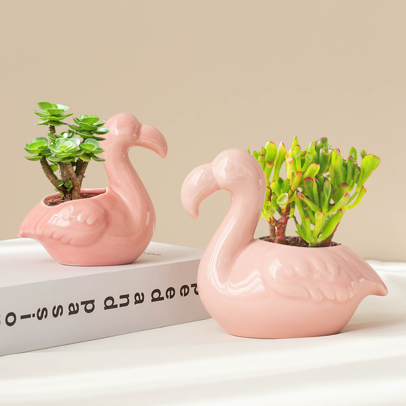 卡通火烈鸟多肉花盆可爱动物陶瓷肉肉桃蛋盆室内办公室装饰品摆件