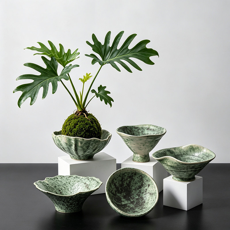 苔藓球花盆陶瓷简约复古室内绿植桌面摆件水培春羽流泉枫水培器皿图片
