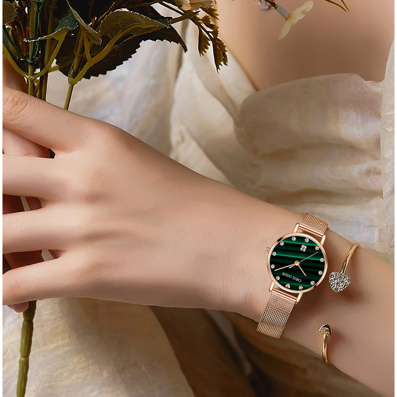 2020年新款ins风手表女士名牌正品时尚真钻绿表防水简约气质女表