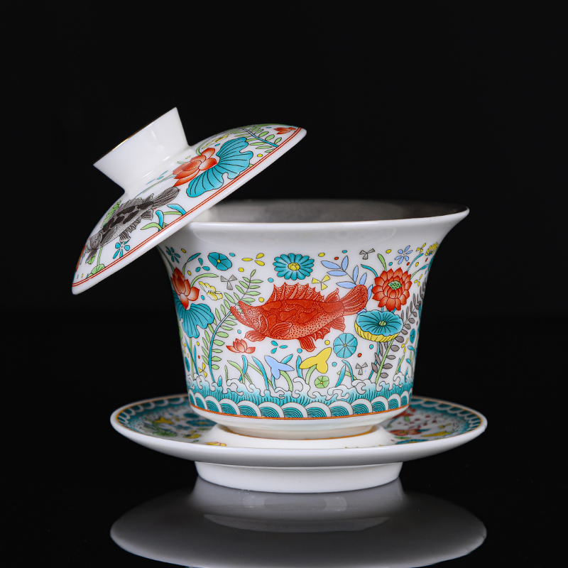 鎏银悬停盖碗德化羊脂玉白瓷999纯银陶瓷三才泡茶防烫高档敬茶杯