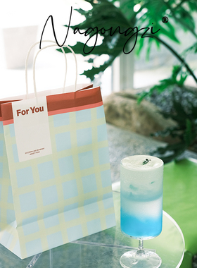 蓝底黄线格子烘焙手提袋甜品打包袋定制面包蛋糕外卖袋子牛皮纸袋