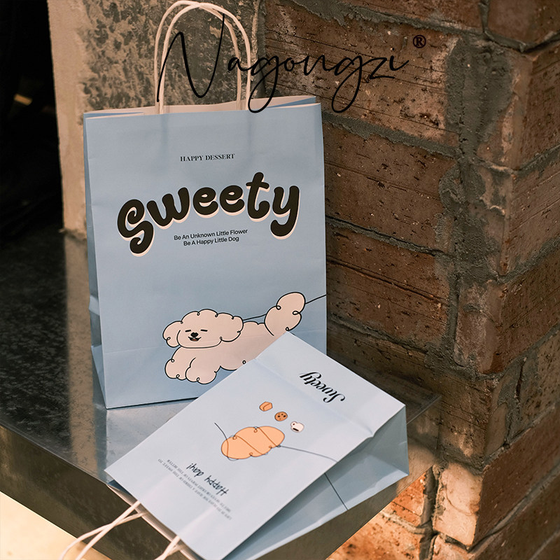蓝色sweety烘焙手提袋甜品打包袋定制面包蛋糕店外卖袋子牛皮纸袋
