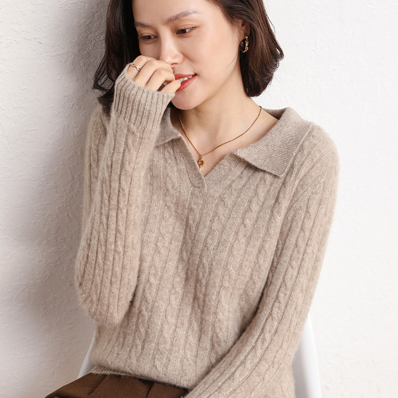 2026初秋新款POLO翻领山羊绒衫女式纯色扭花毛衣宽松版长袖外穿衫