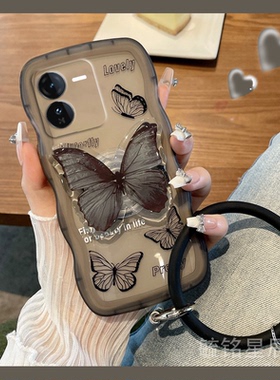 波浪边新款透明黑色蝴蝶适用vivoiQOOZ9手机壳iQOOZ9Turbo手环iq00Z9x带支架的iqooZ8女Z7气囊情侣z8x全包Z7i