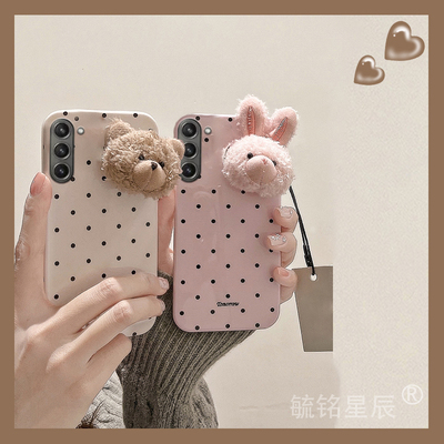 情侣新款波点毛绒小熊兔子适用三星ZFold6折叠屏手机壳ZFlip6折叠款zFold5透明的zFold3硅胶ZFlip4立体防摔套