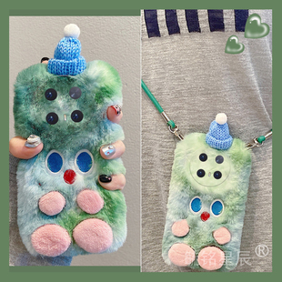 适用华为mate70pro手机壳mate60pro毛绒70rs保时捷十5030绿色20x+40e圣诞10小怪兽9防摔的8带挂绳腕带毛茸茸