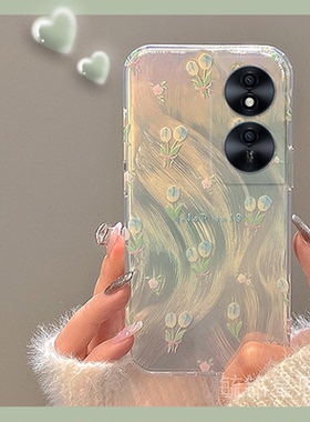 新款春日蓝色郁金香花朵适用华为honor荣耀畅玩50Plus手机壳40Plus透明的30M硅胶套30Plus羽纱40c小清新全包p