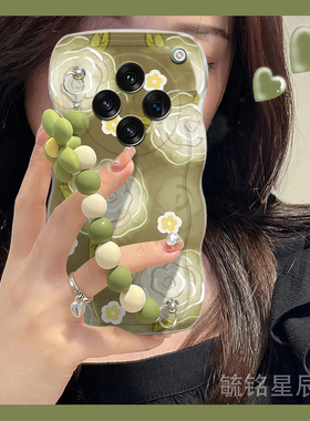 新款绿色油画花朵适用oppofindx8手机壳findx7波浪边findx6挂绳x5腕带findx8pro链条x8ultra硅胶全包防摔x3女