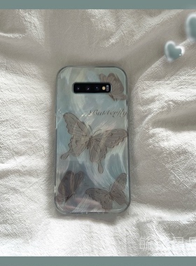 新款羽纱黑灰色蝴蝶适用三星S10+手机壳5g透明S10e硅胶的S9十轻奢S8plus高级感小众p简约镭射防摔女神气质ins
