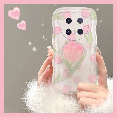 新款波浪边粉色郁金香花朵适用华为mate70Pro手机壳mate60pro+渐变50十40带支架的50e透明30硅胶保护套40epro