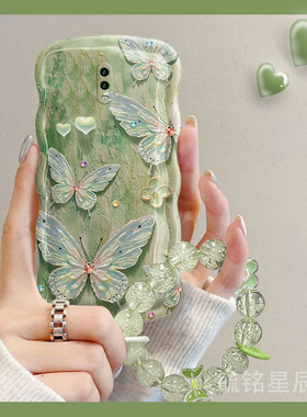 新款绿色油画蝴蝶适用OPPOR17手机壳R15梦镜版R15x透明的R17Pro硅胶R11s手腕带R11st链条R11sPlus小清新全包