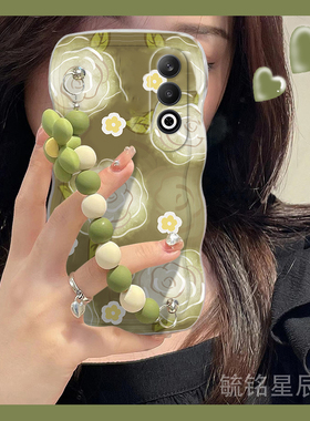 新款绿色油画花朵适用oppok12pro手机壳k12x波浪边Realme真我GT6挂绳GT5腕带Neo6SE链条硅胶全包防摔粉色女款