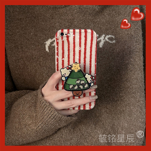 适用苹果8手机壳iphone7plus红色se3条纹2圣诞树kt猫6带支架的6splus新款6s高级感5超火4爆款xsmax硅胶全包xr